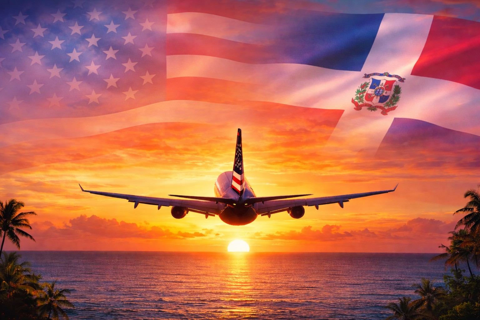 Airplane flying into a sunset, symbolizing a first trip to the Dominican Republic