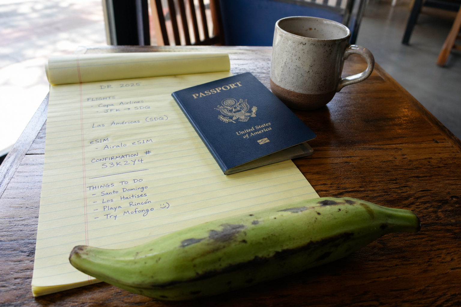 Trip planning for the Dominican Republic — passport, notes, and a raw plantain