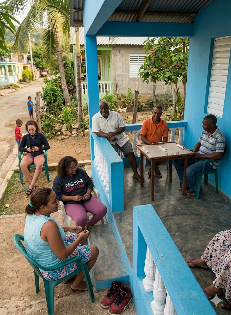 Neighbors on a galería porch in Yamasá, Dominican Republic