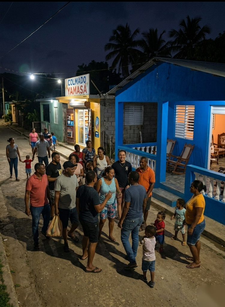 A neighborhood street in Yamasá at night, people gathered outside the Colmado Yamasá corner store, the blue galería glowing with warm light
