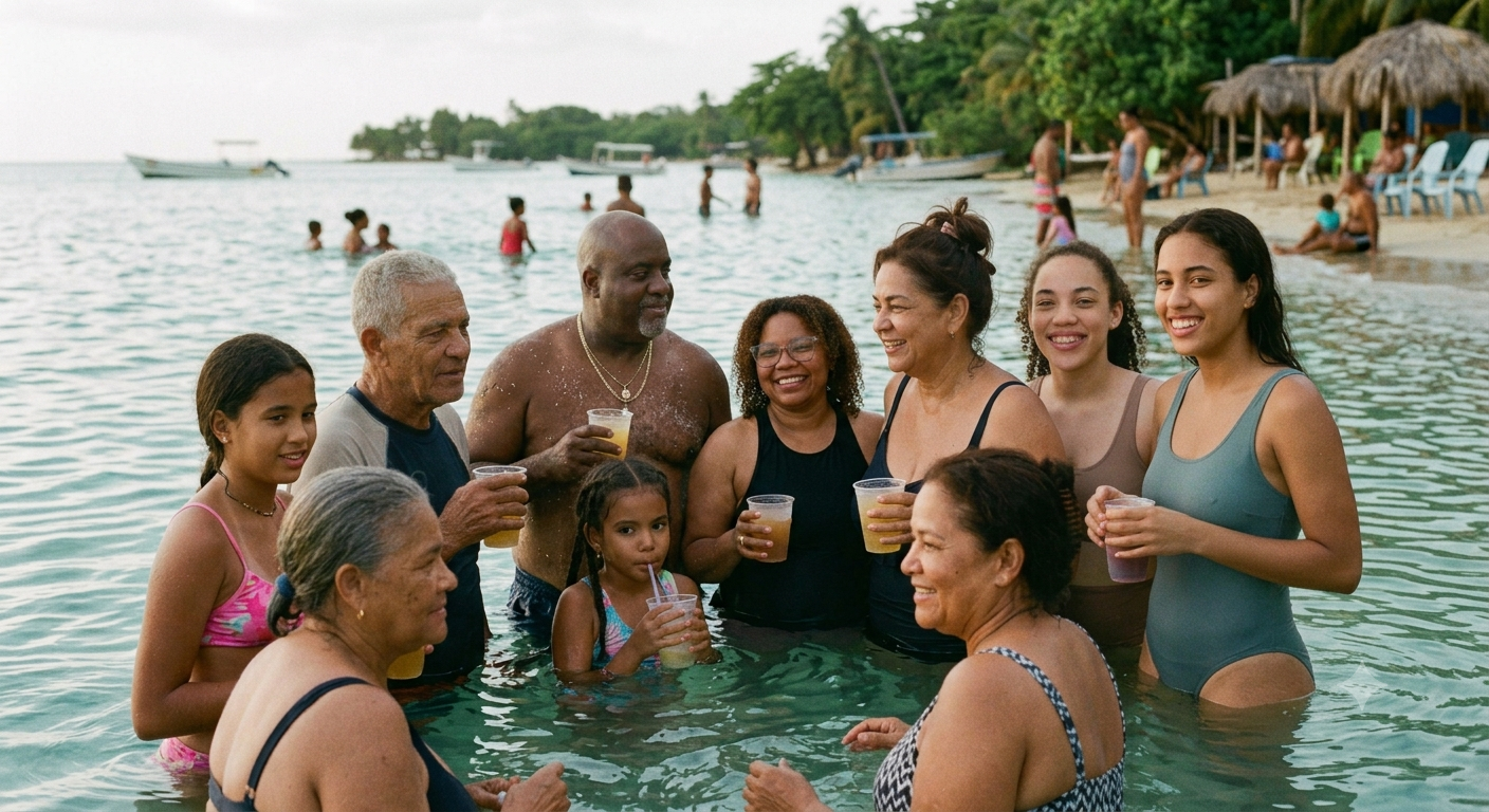 Multigenerational Dominican family standing waist-deep in the calm, shallow water at Boca Chica beach, drinks in hand, with families and boats along the shore behind them