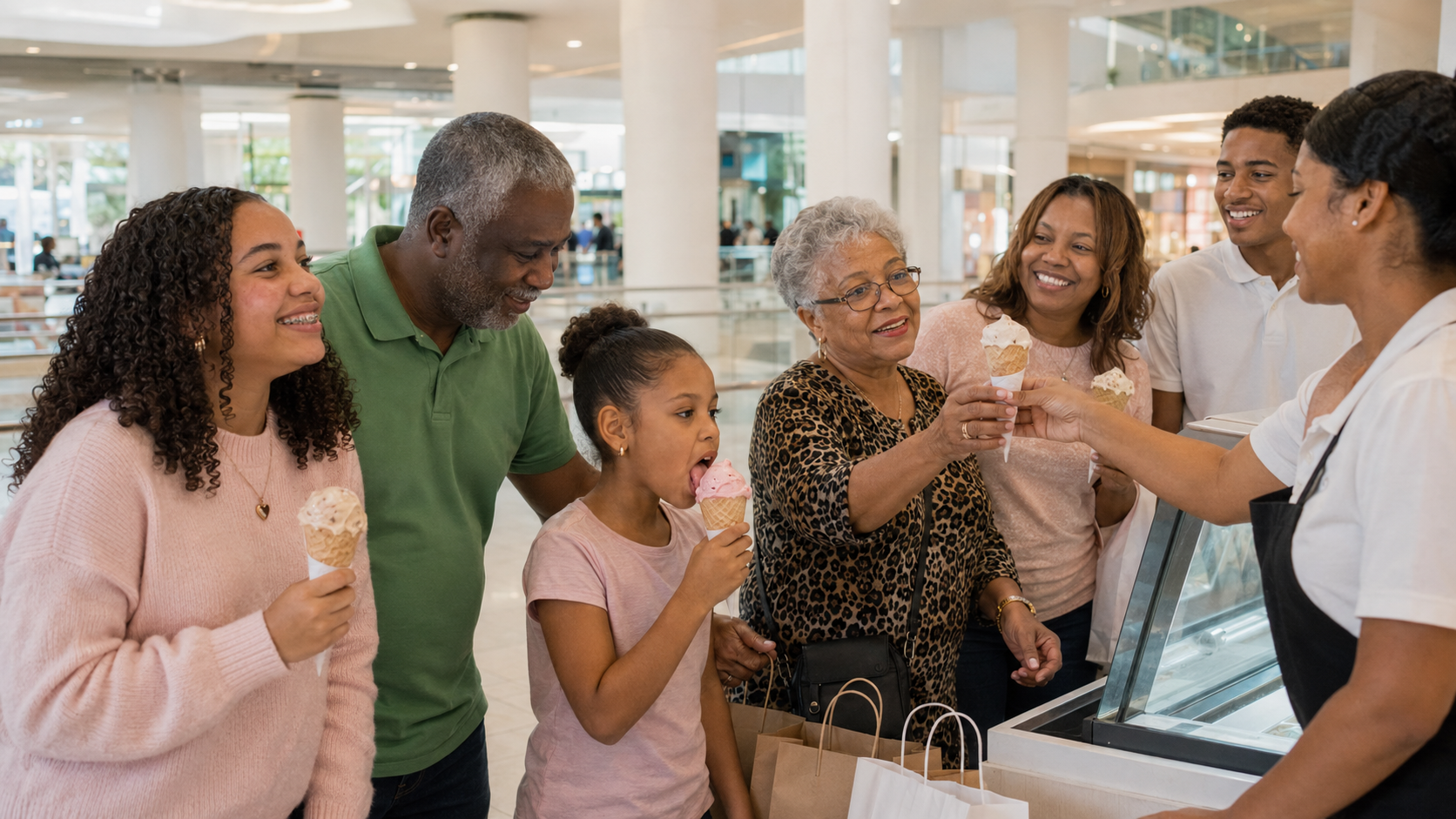 Multigenerational Dominican family gathered at a mall ice cream counter, cones being handed out, grandmother receiving hers while the youngest takes her first lick, shopping bags at their feet