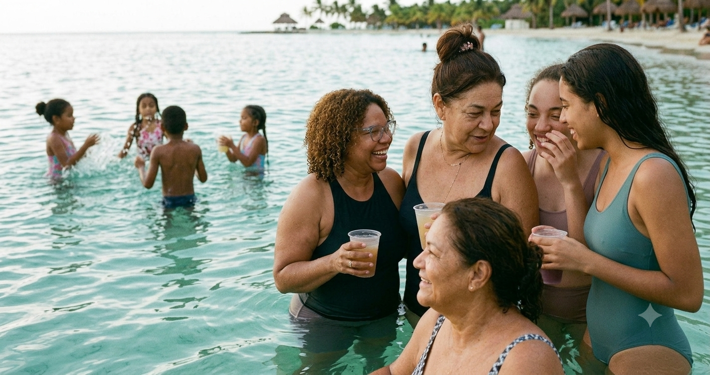 Women laughing together waist-deep in the calm shallow water at Boca Chica, kids splashing behind them and thatched umbrellas lining the shore