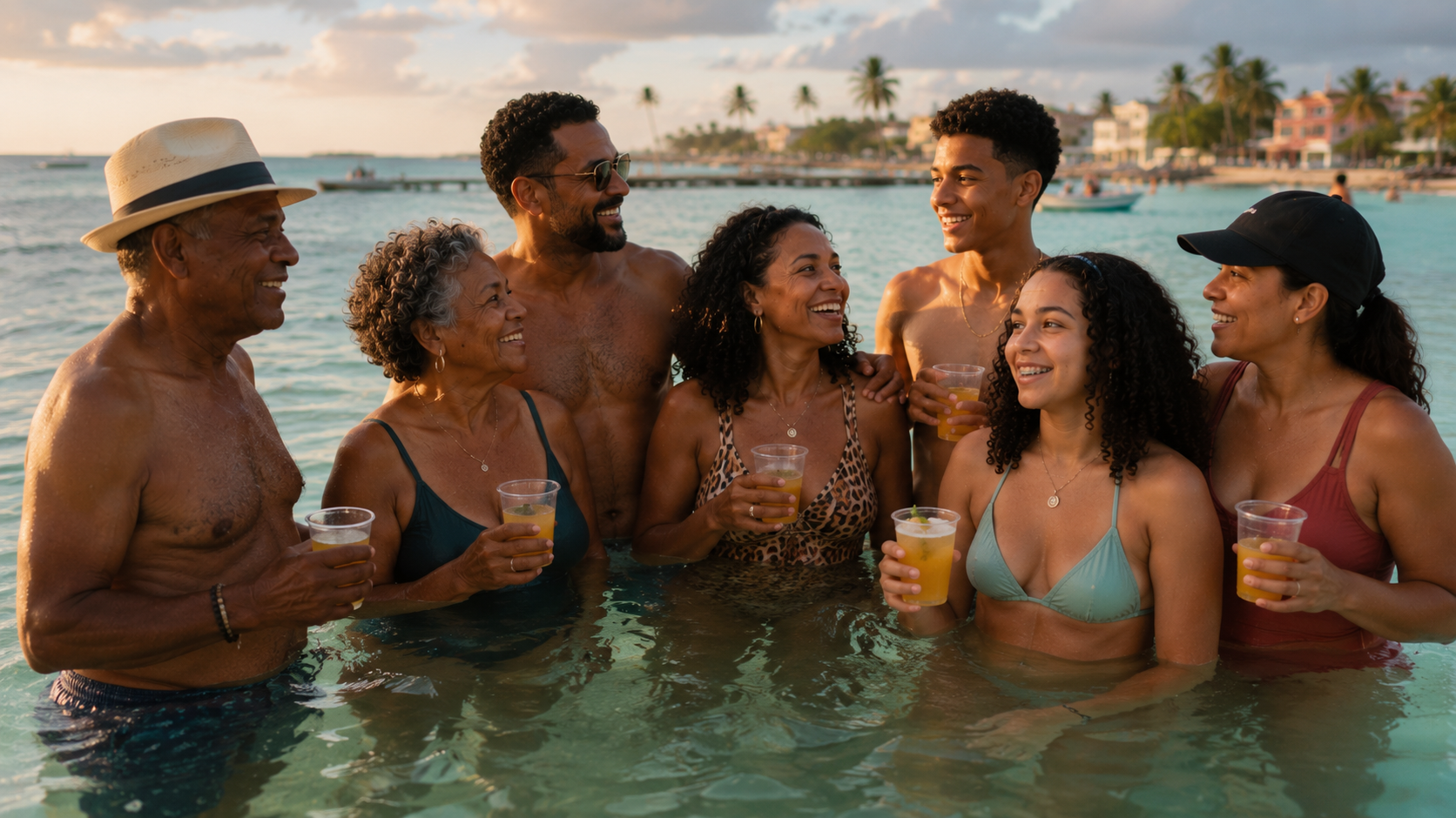 Multigenerational Dominican family standing waist-deep in calm, reef-protected Caribbean water at golden hour, drinks in hand, with a pier and the beach town behind them