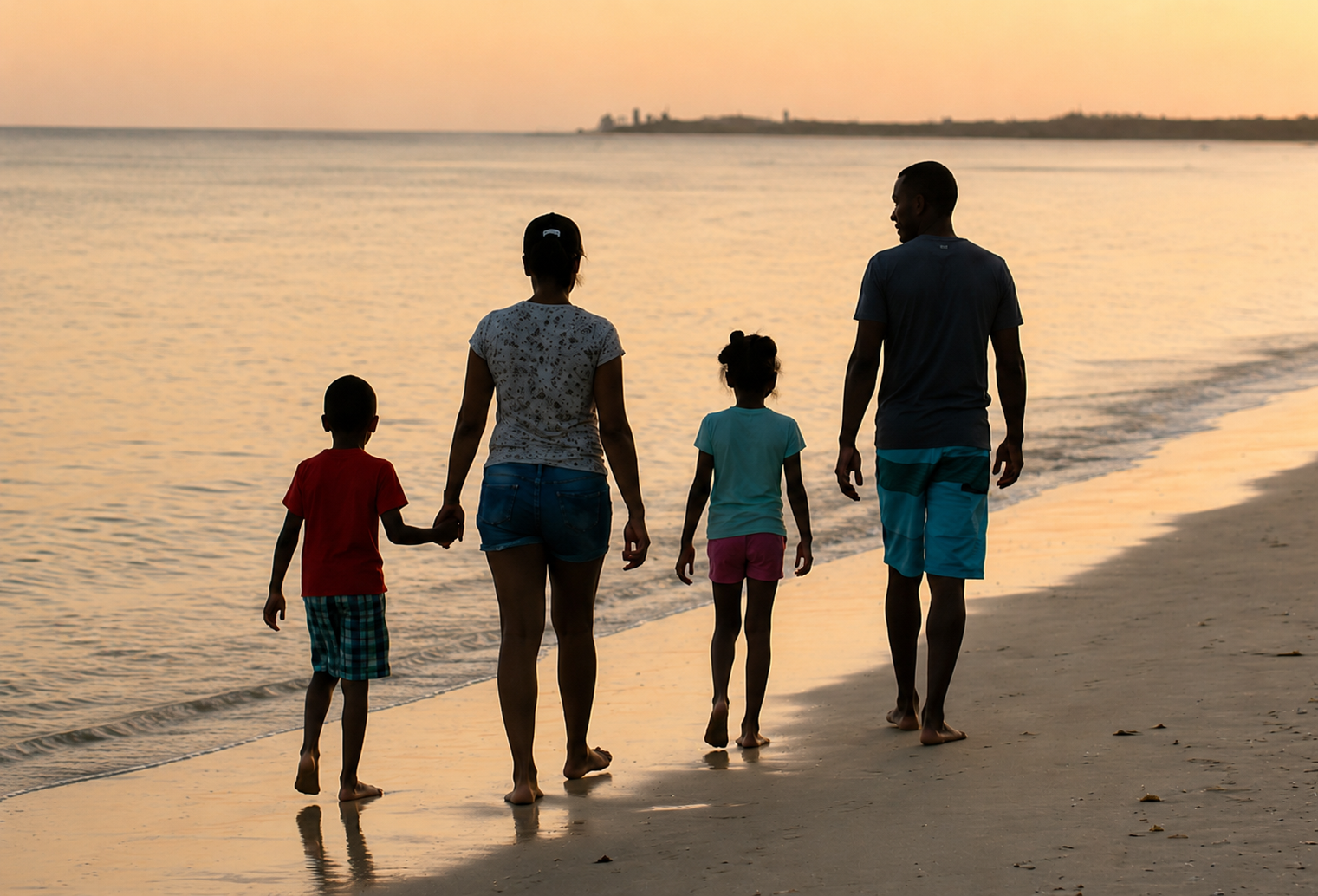 Family of four silhouetted walking hand in hand along a long, empty Juan Dolio shoreline at sunset