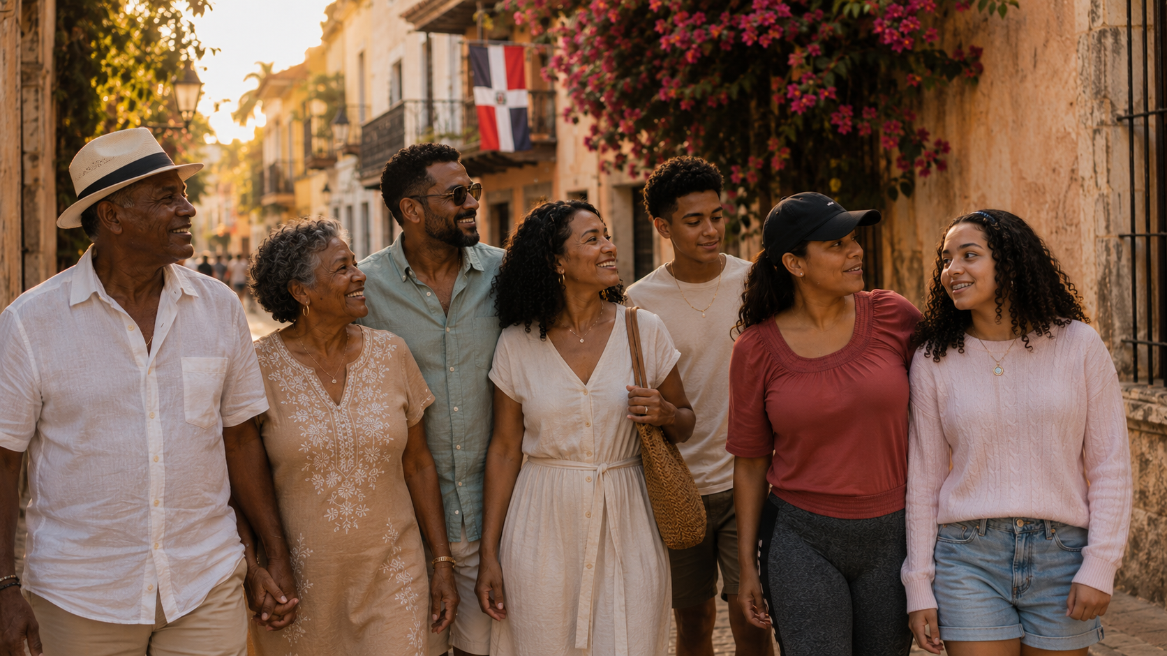 Multigenerational Dominican family walking together through the Zona Colonial at golden hour, Dominican flag hanging from a balcony behind them