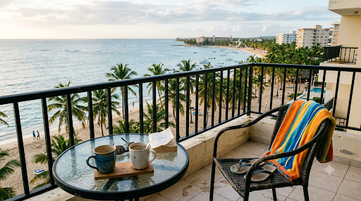 Morning coffee on a small table on a Juan Dolio condo balcony, flip-flops kicked off by the chair, palm-lined beach and condo towers curving along the coast below