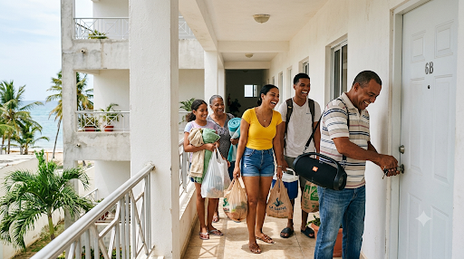 Family arriving at a Juan Dolio condo carrying grocery bags, keys in the door, ready for a beach weekend
