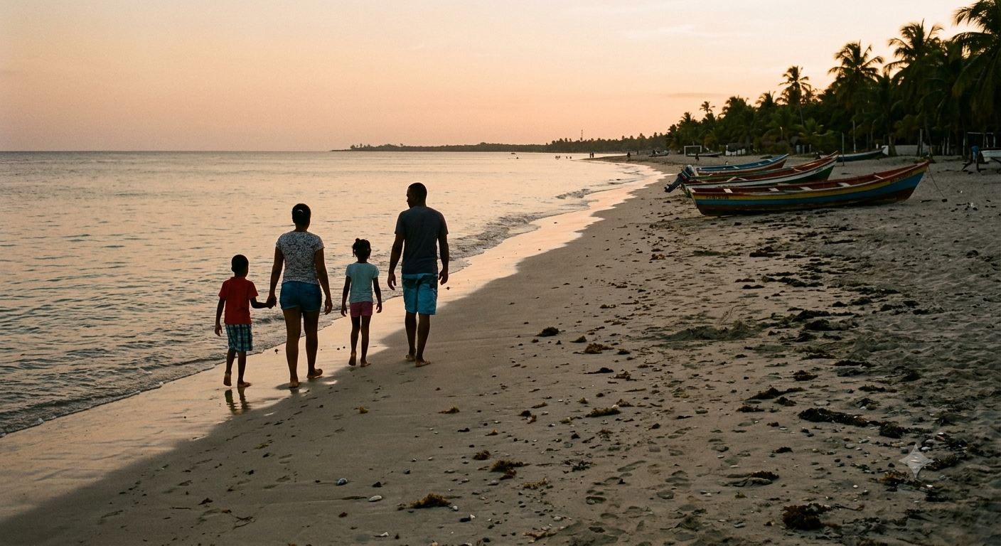 Family walking hand in hand along a quiet Juan Dolio beach at sunset, colorful fishing boats resting on the sand behind them