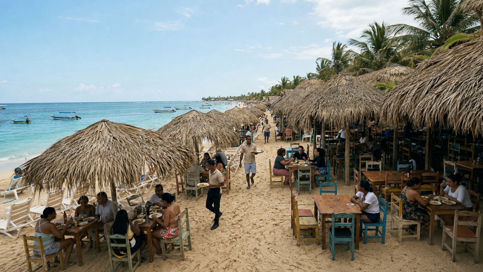 Row of open-air beachfront restaurants at Boca Chica with palm-thatched roofs, wooden tables in the sand, servers carrying plates between diners, and boats on the calm water