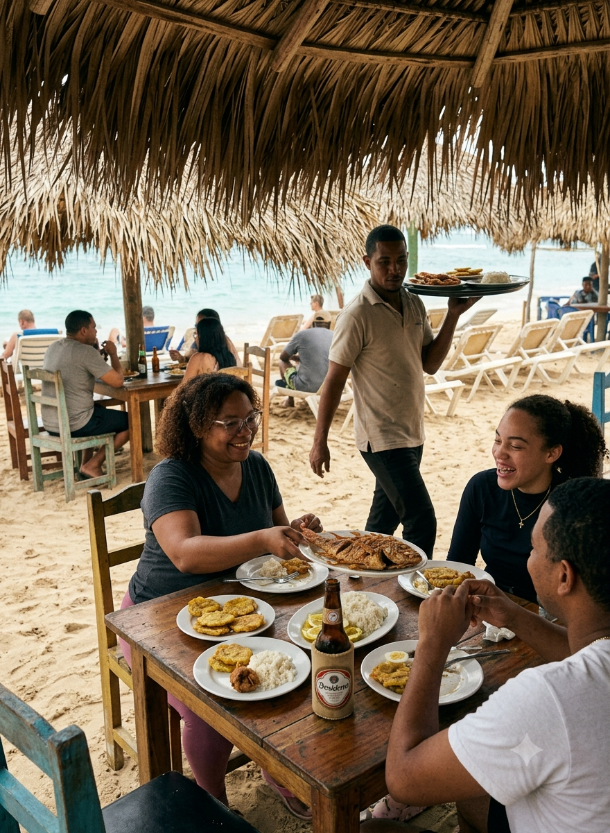 Family sharing a whole fried fish with tostones, rice, and a Presidente beer at a wooden table in the sand under a thatched roof, server carrying a tray behind them