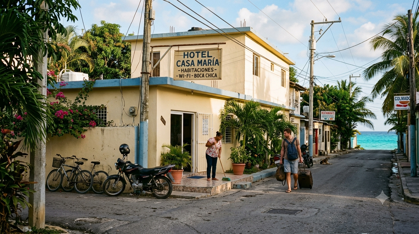 Small family-run hotel on a Boca Chica corner in morning light, hand-painted sign above the entrance, woman sweeping the front step as a traveler arrives with his bags, the sea visible at the end of the street