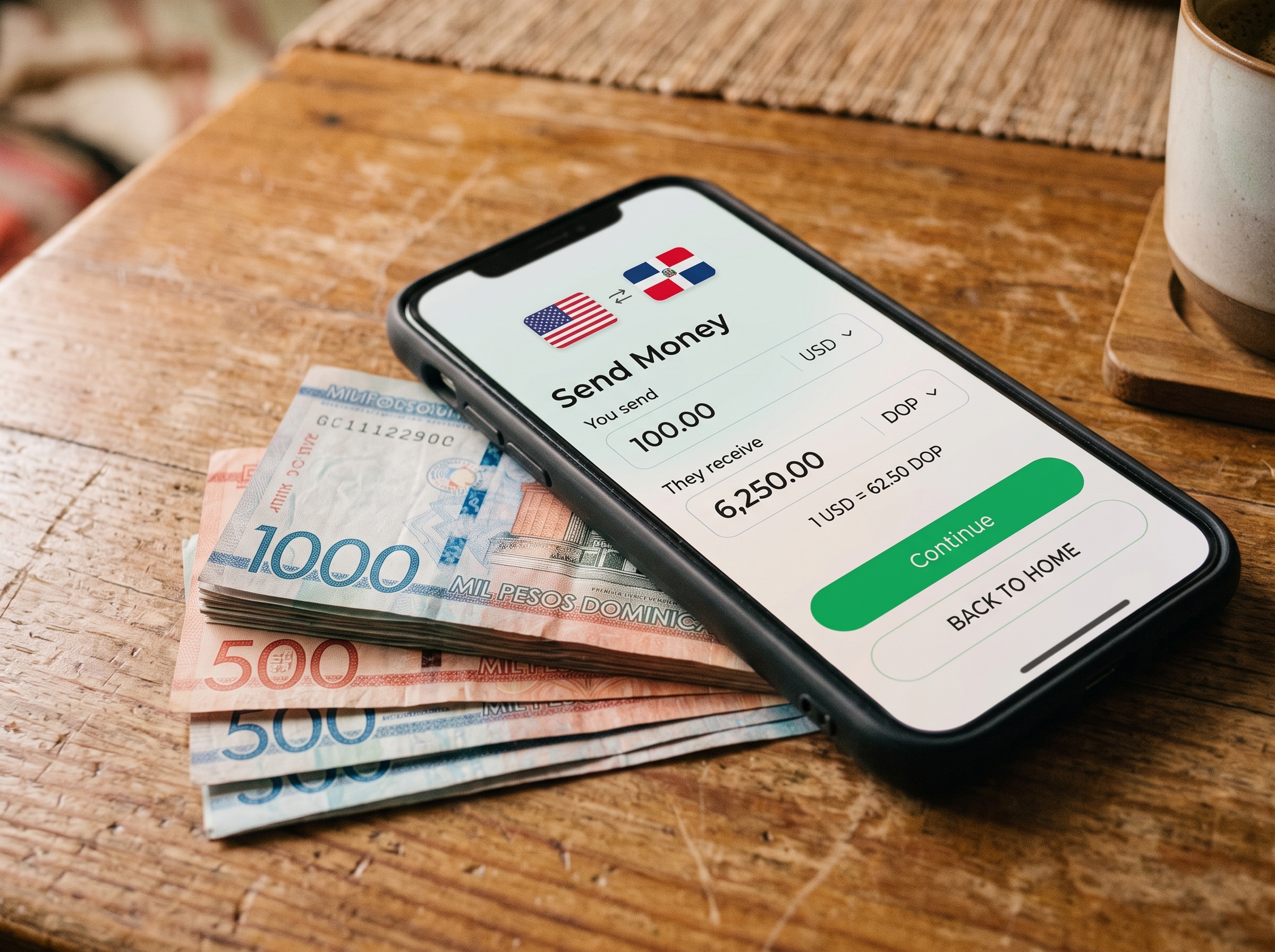Phone showing a USD to DOP money transfer next to Dominican peso bills