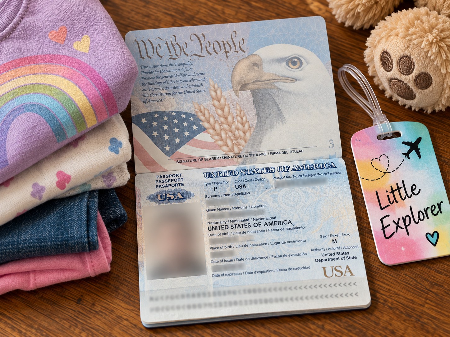 US passport, child's clothes, and luggage tag laid out for a Dominican Republic trip