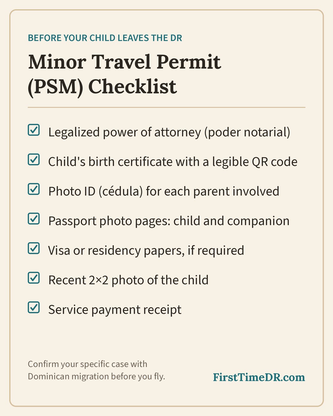 Checklist of documents needed for a Dominican Republic minor travel permit (PSM)